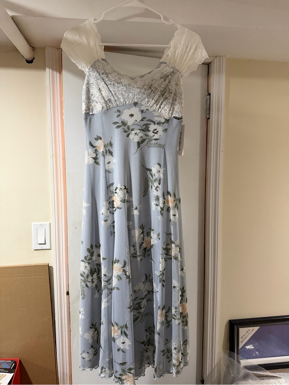 Light Blue Floral Lace Midi Dress with Cream Lace Shoulders